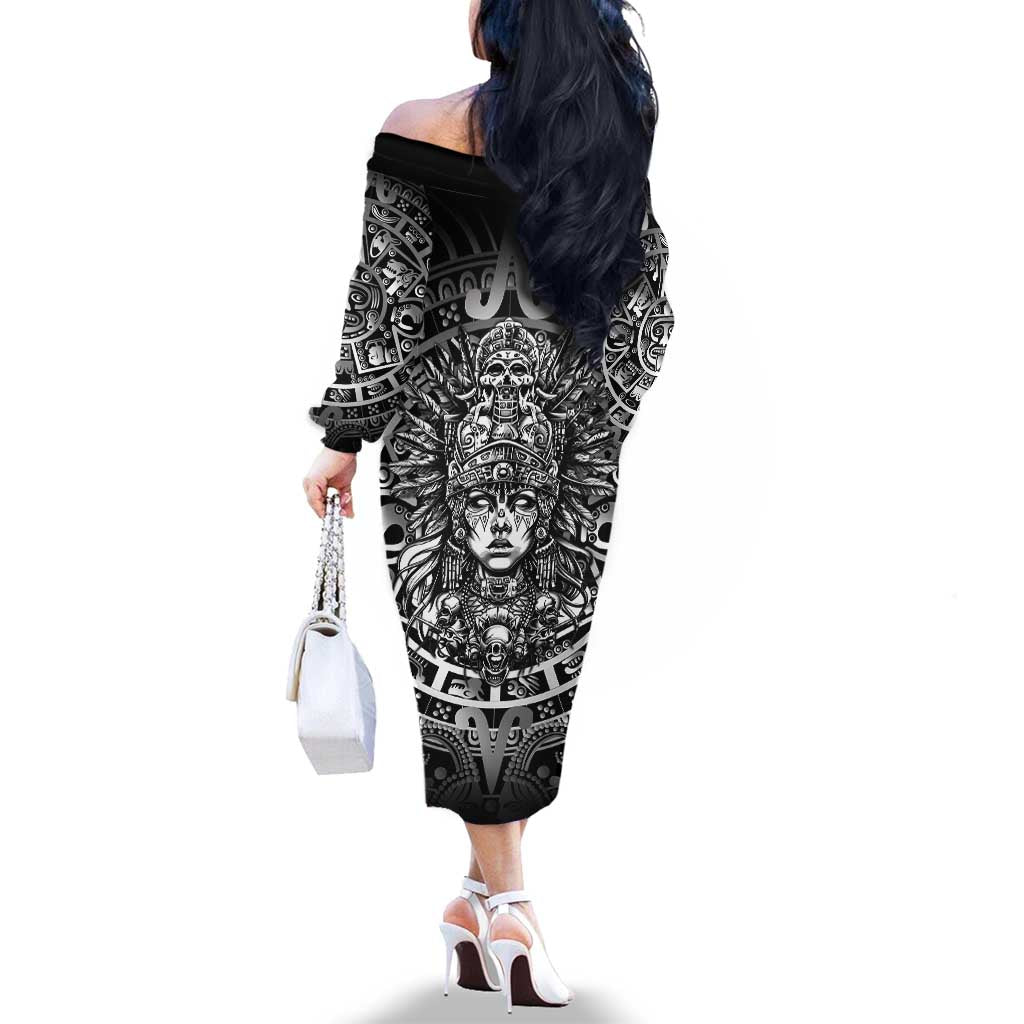 Mexico Aztec Warrior Goddess Family Matching Off The Shoulder Long Sleeve Dress and Hawaiian Shirt Aztec Skull Tribal Calender Silver Spirit