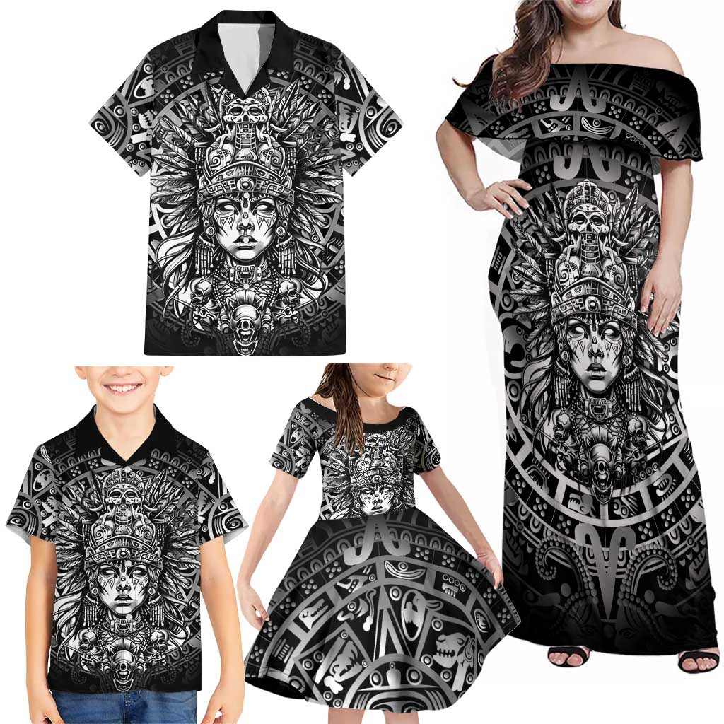 Mexico Aztec Warrior Goddess Family Matching Off Shoulder Maxi Dress and Hawaiian Shirt Aztec Skull Tribal Calender Silver Spirit