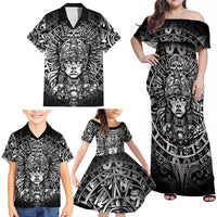 Mexico Aztec Warrior Goddess Family Matching Off Shoulder Maxi Dress and Hawaiian Shirt Aztec Skull Tribal Calender Silver Spirit