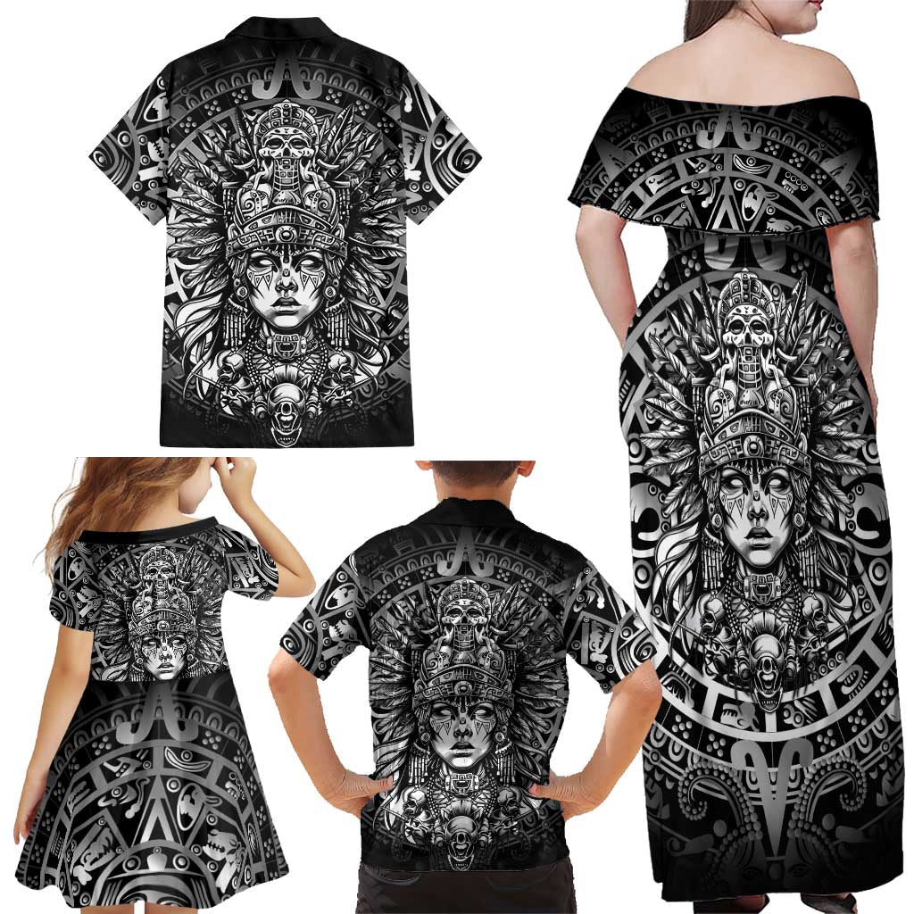 Mexico Aztec Warrior Goddess Family Matching Off Shoulder Maxi Dress and Hawaiian Shirt Aztec Skull Tribal Calender Silver Spirit