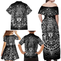 Mexico Aztec Warrior Goddess Family Matching Off Shoulder Maxi Dress and Hawaiian Shirt Aztec Skull Tribal Calender Silver Spirit