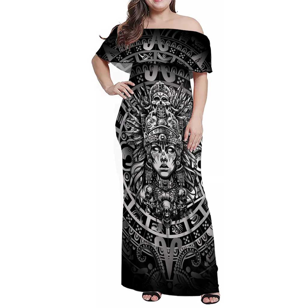 Mexico Aztec Warrior Goddess Family Matching Off Shoulder Maxi Dress and Hawaiian Shirt Aztec Skull Tribal Calender Silver Spirit