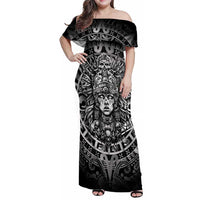 Mexico Aztec Warrior Goddess Family Matching Off Shoulder Maxi Dress and Hawaiian Shirt Aztec Skull Tribal Calender Silver Spirit