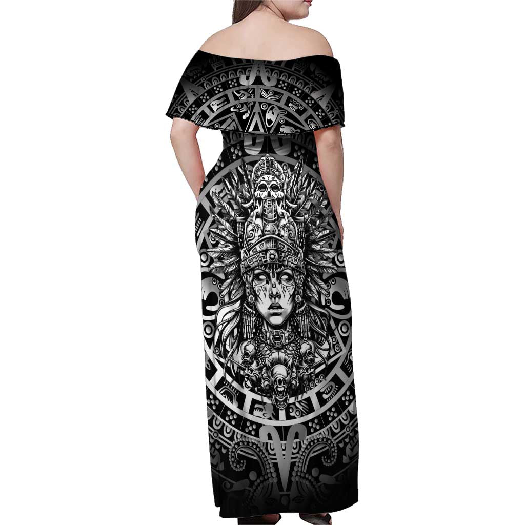 Mexico Aztec Warrior Goddess Family Matching Off Shoulder Maxi Dress and Hawaiian Shirt Aztec Skull Tribal Calender Silver Spirit