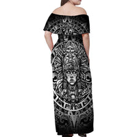 Mexico Aztec Warrior Goddess Family Matching Off Shoulder Maxi Dress and Hawaiian Shirt Aztec Skull Tribal Calender Silver Spirit