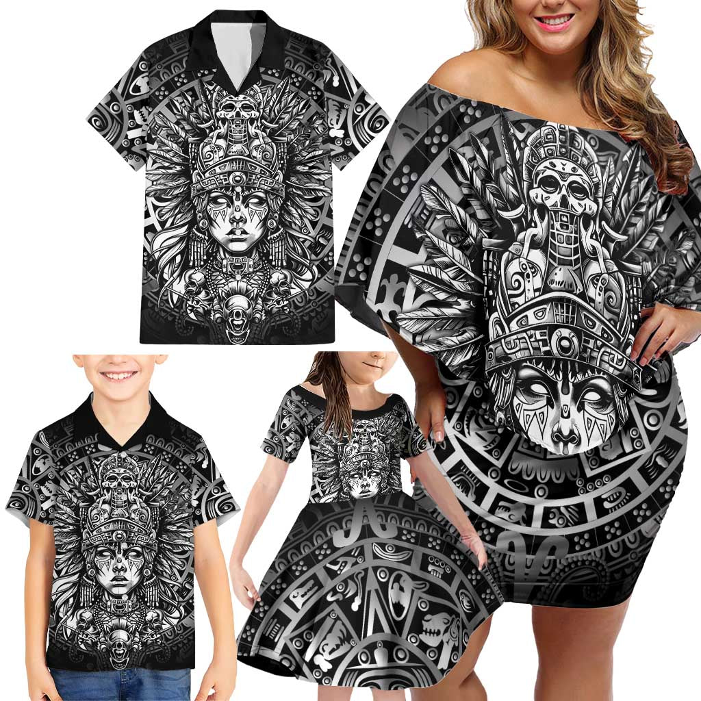 Mexico Aztec Warrior Goddess Family Matching Off Shoulder Short Dress and Hawaiian Shirt Aztec Skull Tribal Calender Silver Spirit