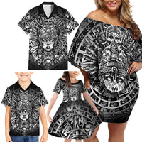 Mexico Aztec Warrior Goddess Family Matching Off Shoulder Short Dress and Hawaiian Shirt Aztec Skull Tribal Calender Silver Spirit