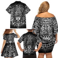 Mexico Aztec Warrior Goddess Family Matching Off Shoulder Short Dress and Hawaiian Shirt Aztec Skull Tribal Calender Silver Spirit