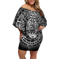 Mexico Aztec Warrior Goddess Family Matching Off Shoulder Short Dress and Hawaiian Shirt Aztec Skull Tribal Calender Silver Spirit