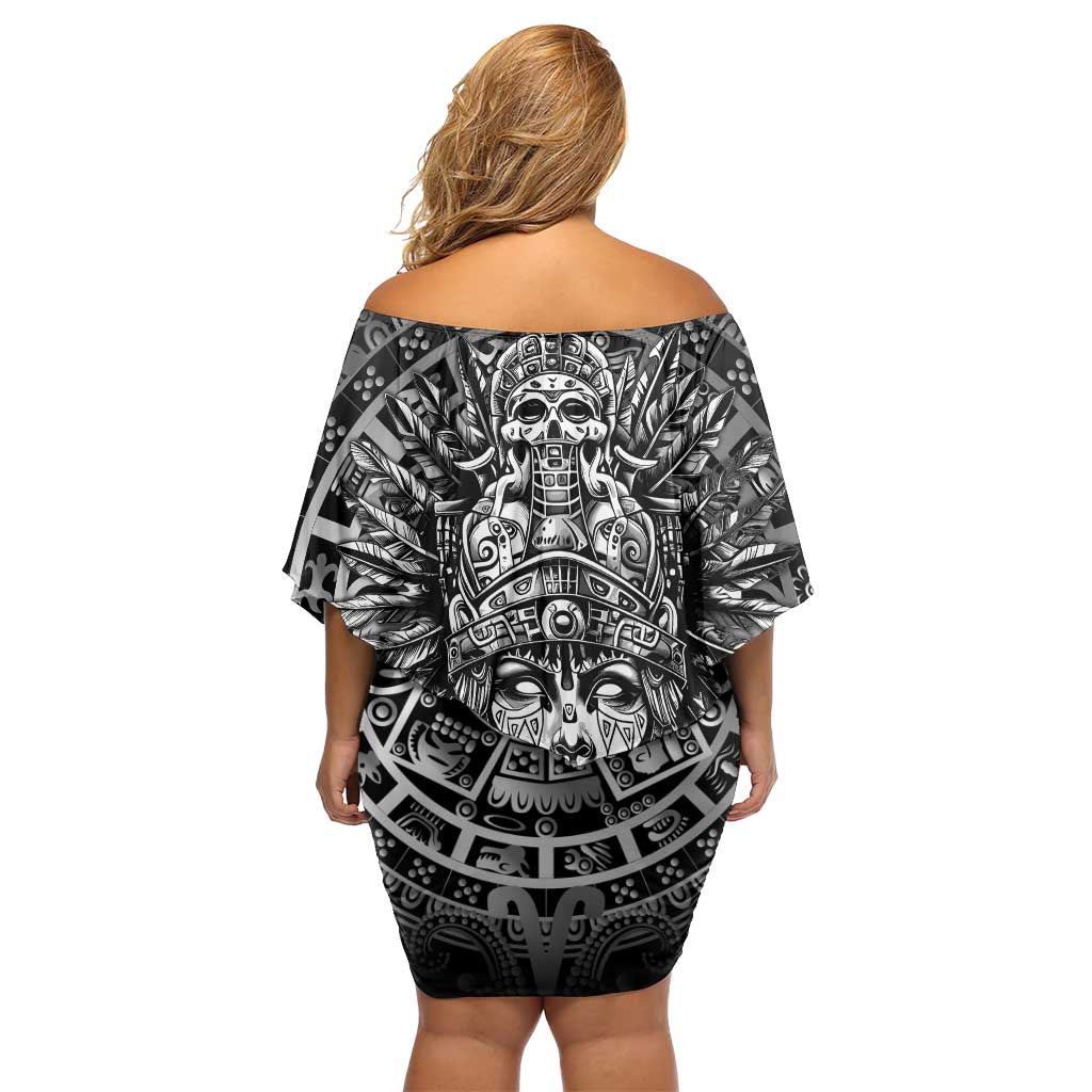 Mexico Aztec Warrior Goddess Family Matching Off Shoulder Short Dress and Hawaiian Shirt Aztec Skull Tribal Calender Silver Spirit