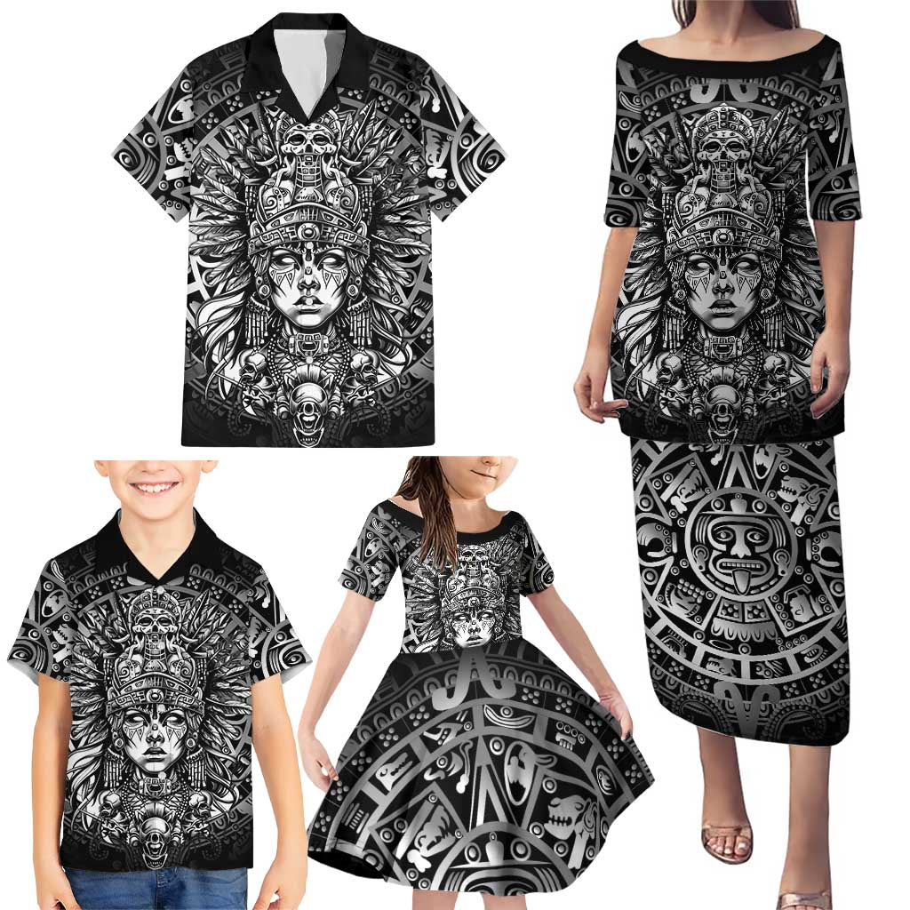 Mexico Aztec Warrior Goddess Family Matching Puletasi and Hawaiian Shirt Aztec Skull Tribal Calender Silver Spirit