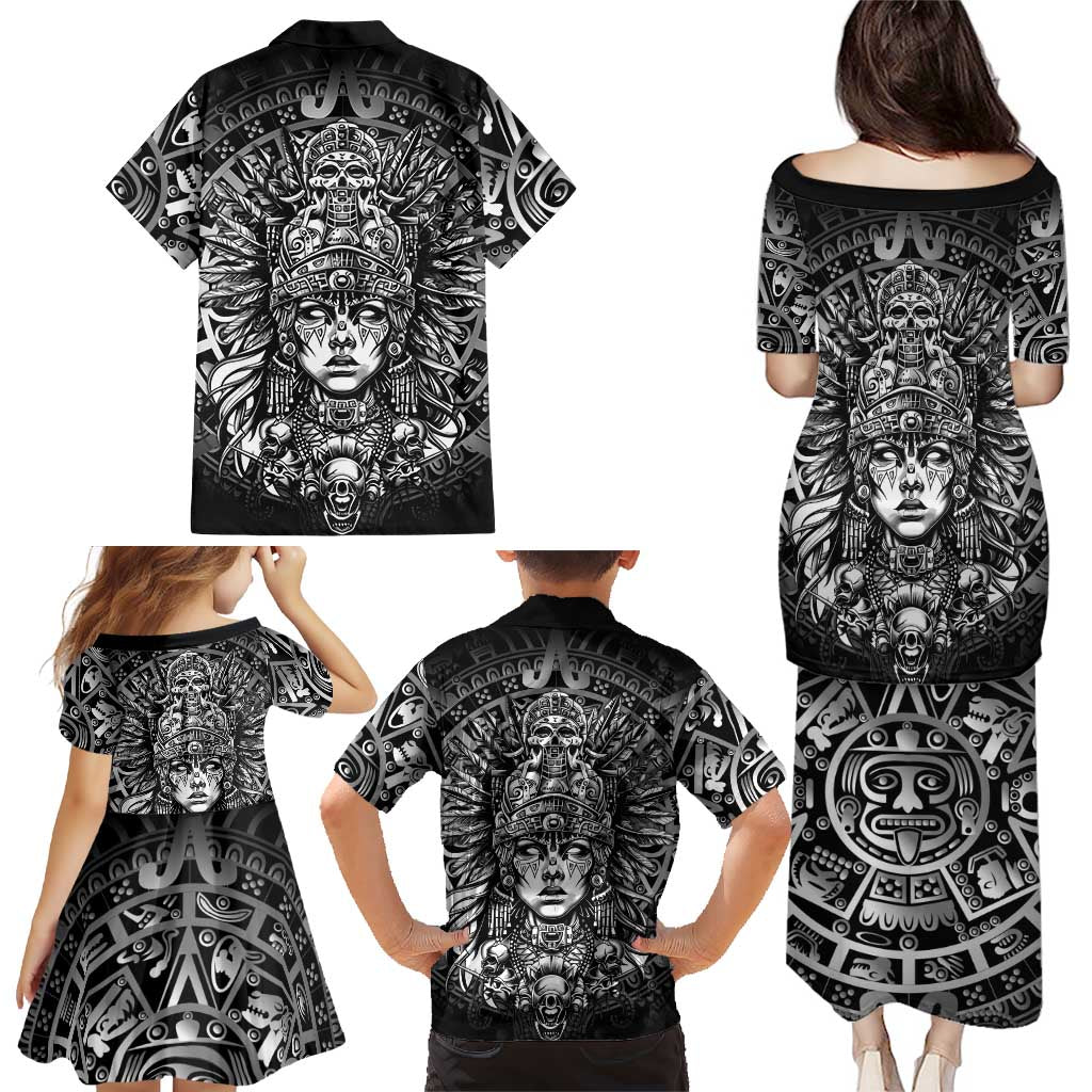 Mexico Aztec Warrior Goddess Family Matching Puletasi and Hawaiian Shirt Aztec Skull Tribal Calender Silver Spirit