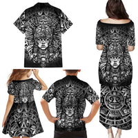 Mexico Aztec Warrior Goddess Family Matching Puletasi and Hawaiian Shirt Aztec Skull Tribal Calender Silver Spirit