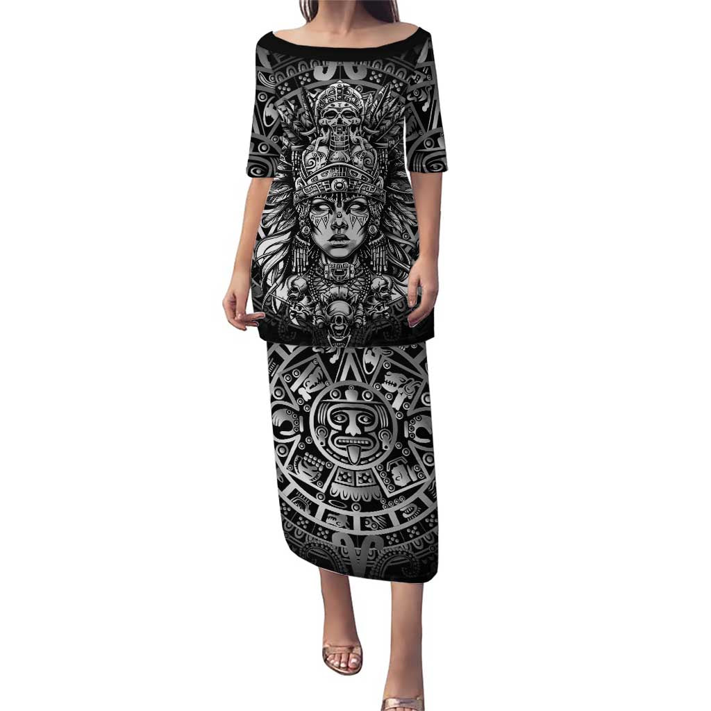 Mexico Aztec Warrior Goddess Family Matching Puletasi and Hawaiian Shirt Aztec Skull Tribal Calender Silver Spirit