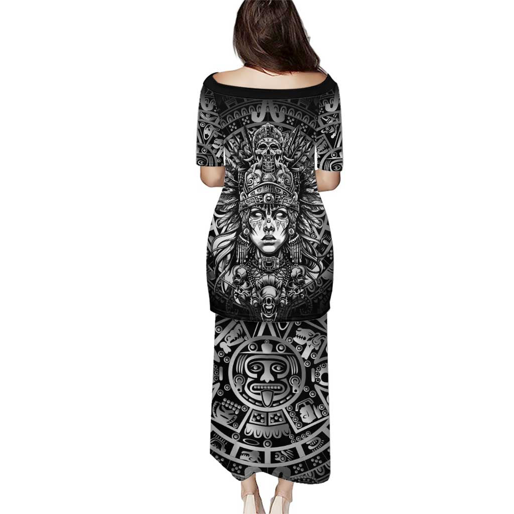 Mexico Aztec Warrior Goddess Family Matching Puletasi and Hawaiian Shirt Aztec Skull Tribal Calender Silver Spirit