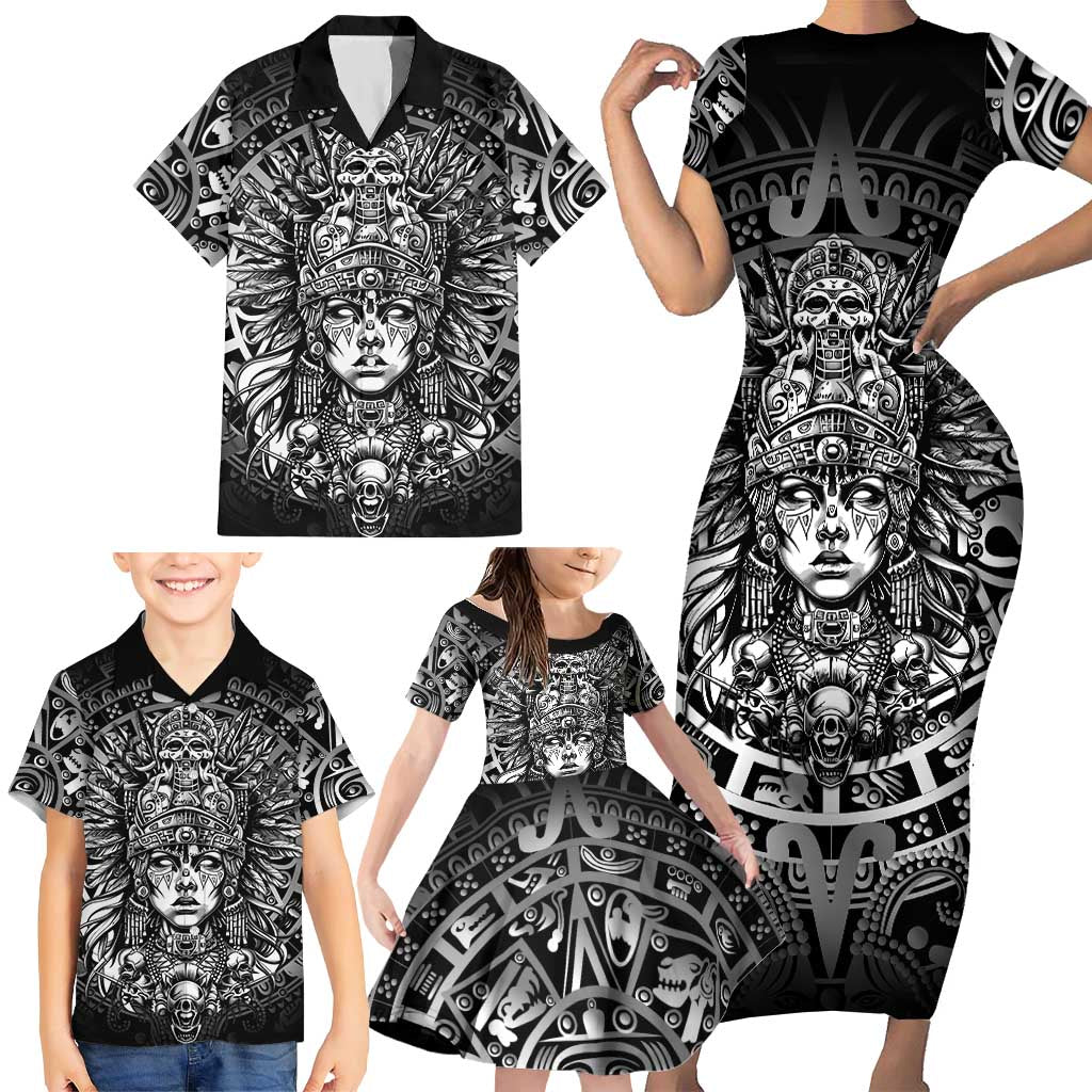 Mexico Aztec Warrior Goddess Family Matching Short Sleeve Bodycon Dress and Hawaiian Shirt Aztec Skull Tribal Calender Silver Spirit