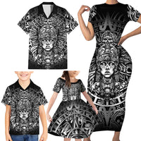 Mexico Aztec Warrior Goddess Family Matching Short Sleeve Bodycon Dress and Hawaiian Shirt Aztec Skull Tribal Calender Silver Spirit