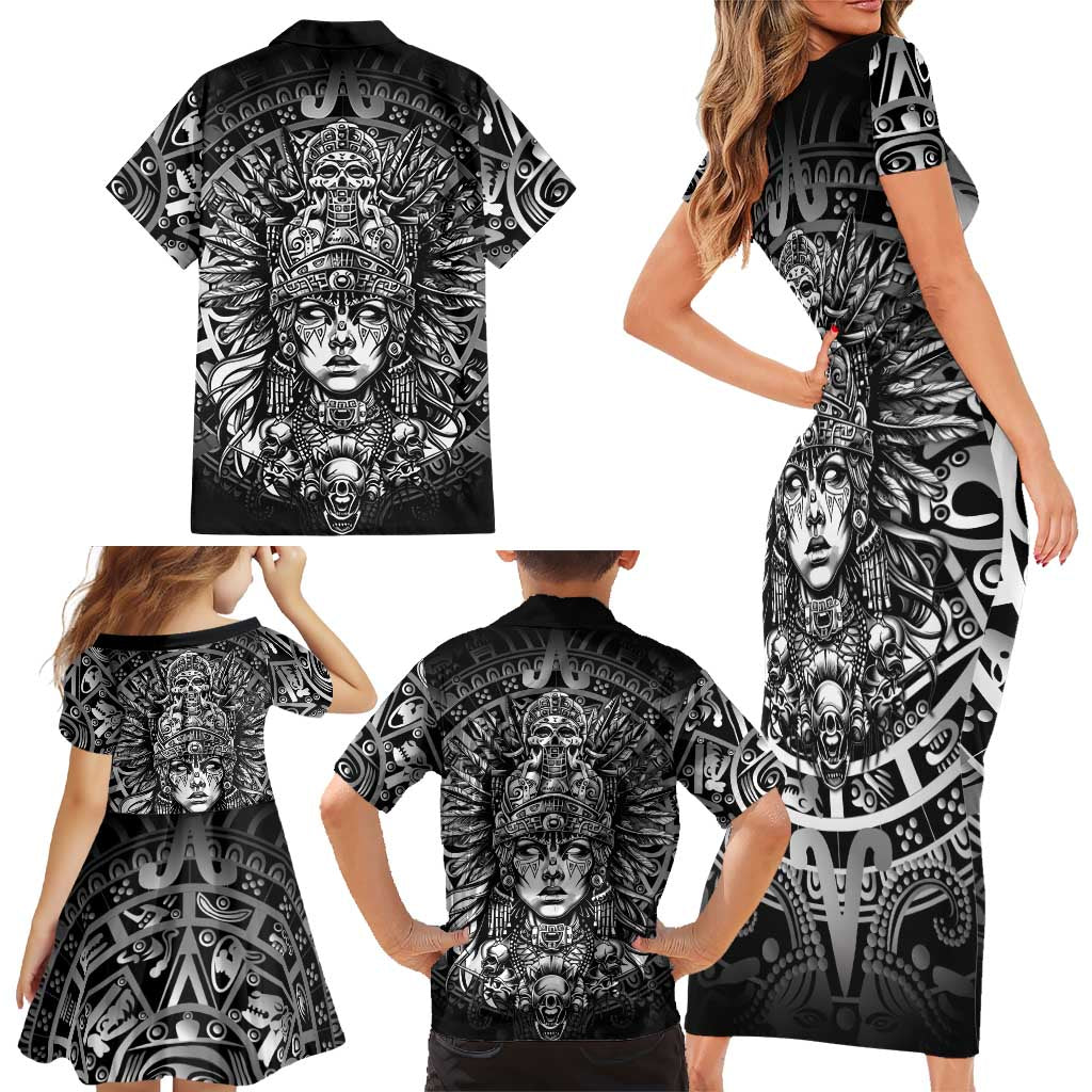 Mexico Aztec Warrior Goddess Family Matching Short Sleeve Bodycon Dress and Hawaiian Shirt Aztec Skull Tribal Calender Silver Spirit