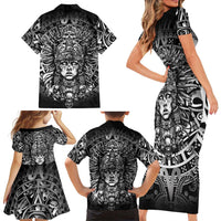 Mexico Aztec Warrior Goddess Family Matching Short Sleeve Bodycon Dress and Hawaiian Shirt Aztec Skull Tribal Calender Silver Spirit