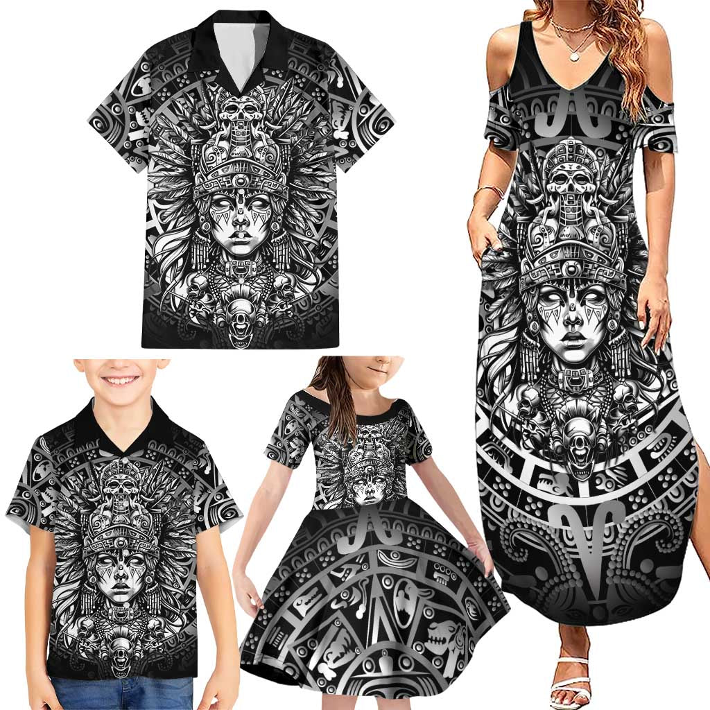 Mexico Aztec Warrior Goddess Family Matching Summer Maxi Dress and Hawaiian Shirt Aztec Skull Tribal Calender Silver Spirit