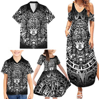 Mexico Aztec Warrior Goddess Family Matching Summer Maxi Dress and Hawaiian Shirt Aztec Skull Tribal Calender Silver Spirit