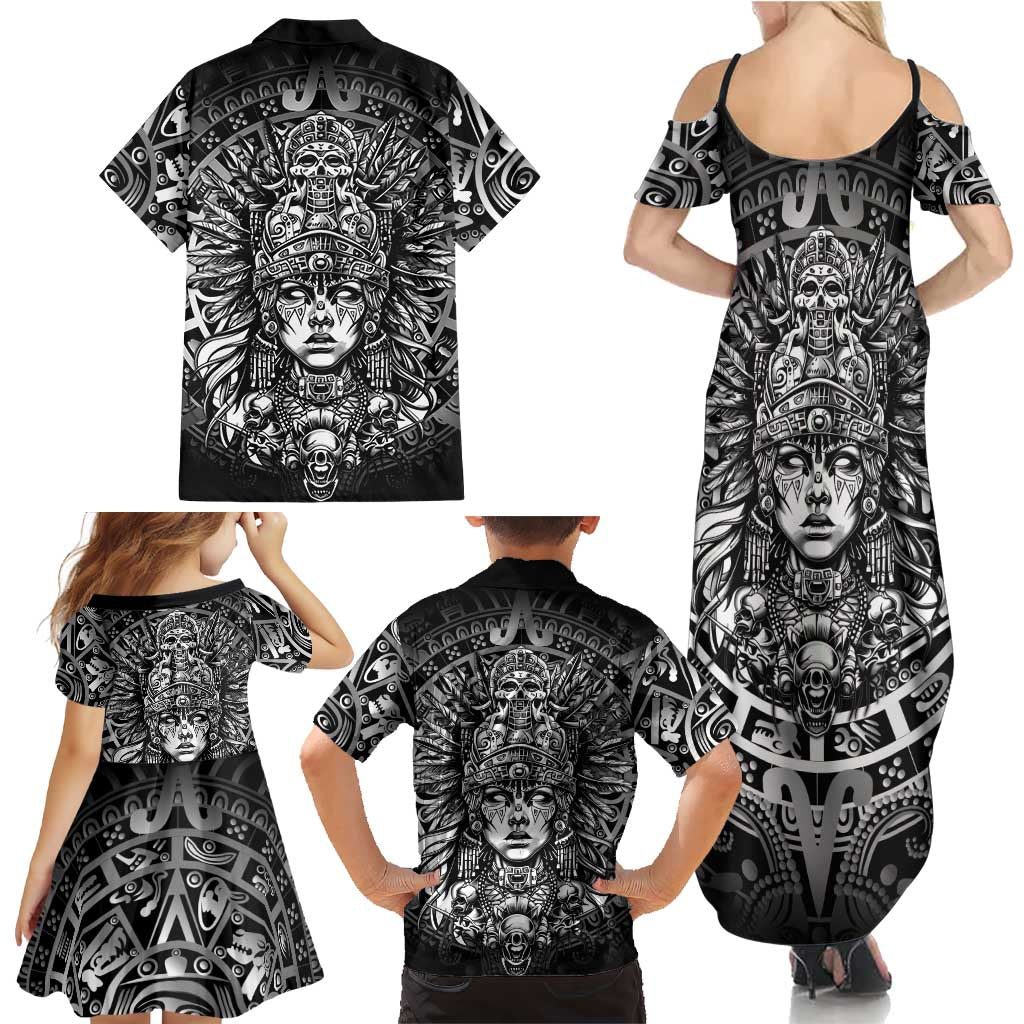 Mexico Aztec Warrior Goddess Family Matching Summer Maxi Dress and Hawaiian Shirt Aztec Skull Tribal Calender Silver Spirit