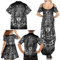 Mexico Aztec Warrior Goddess Family Matching Summer Maxi Dress and Hawaiian Shirt Aztec Skull Tribal Calender Silver Spirit