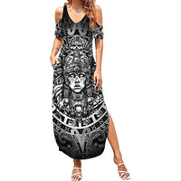 Mexico Aztec Warrior Goddess Family Matching Summer Maxi Dress and Hawaiian Shirt Aztec Skull Tribal Calender Silver Spirit
