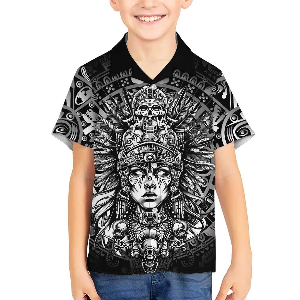 Mexico Aztec Warrior Goddess Family Matching Summer Maxi Dress and Hawaiian Shirt Aztec Skull Tribal Calender Silver Spirit