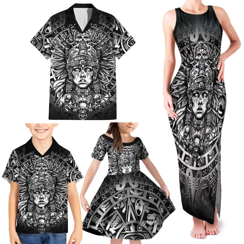 Mexico Aztec Warrior Goddess Family Matching Tank Maxi Dress and Hawaiian Shirt Aztec Skull Tribal Calender Silver Spirit
