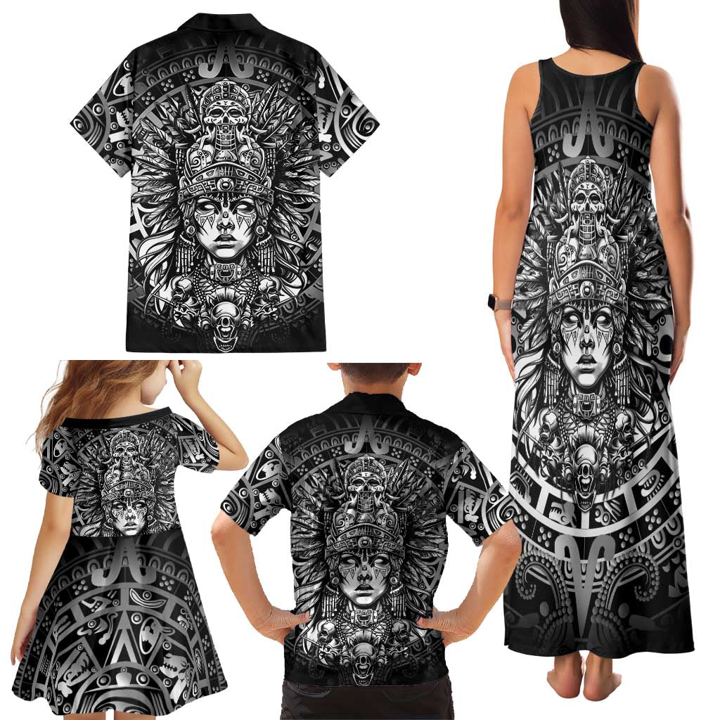 Mexico Aztec Warrior Goddess Family Matching Tank Maxi Dress and Hawaiian Shirt Aztec Skull Tribal Calender Silver Spirit