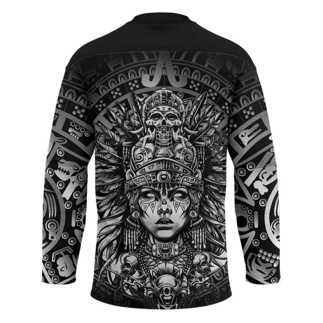 Mexico Aztec Warrior Goddess Hockey Jersey Aztec Skull Tribal Calender Silver Spirit - Wonder Print Shop
