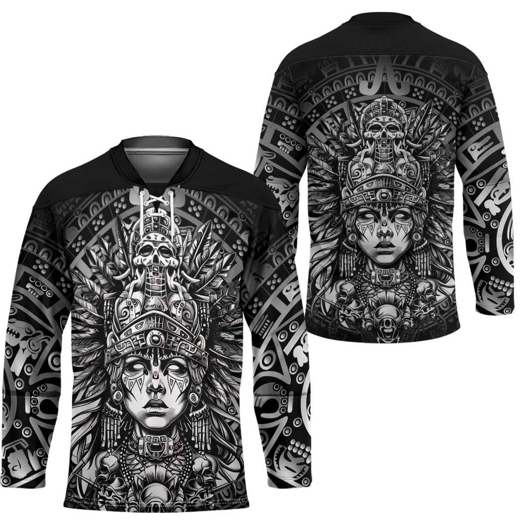 Mexico Aztec Warrior Goddess Hockey Jersey Aztec Skull Tribal Calender Silver Spirit - Wonder Print Shop