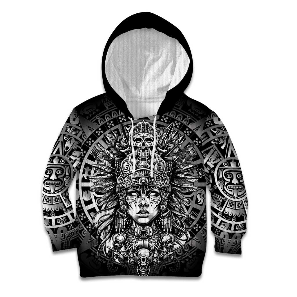 Mexico Aztec Warrior Goddess Kid Hoodie Aztec Skull Tribal Calender Silver Spirit - Wonder Print Shop