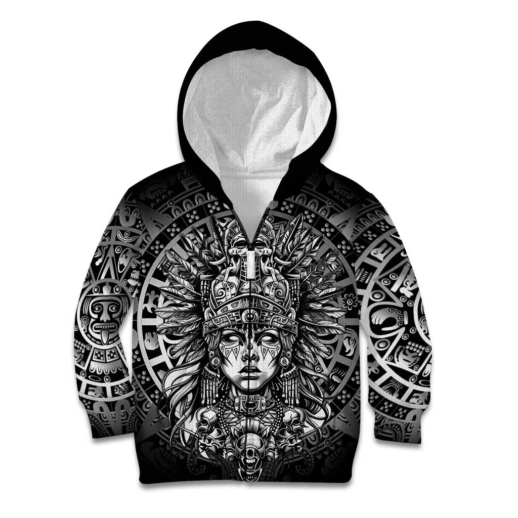 Mexico Aztec Warrior Goddess Kid Hoodie Aztec Skull Tribal Calender Silver Spirit - Wonder Print Shop