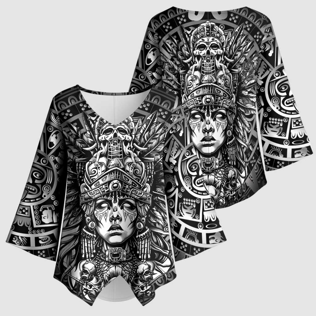 Mexico Aztec Warrior Goddess Kimono Sleeve Blouse Aztec Skull Tribal Calender Silver Spirit - Wonder Print Shop