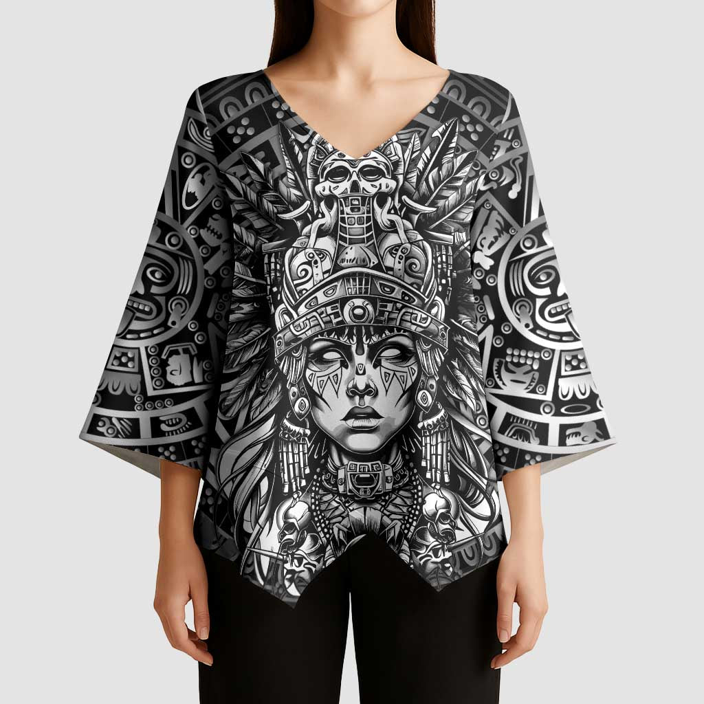Mexico Aztec Warrior Goddess Kimono Sleeve Blouse Aztec Skull Tribal Calender Silver Spirit - Wonder Print Shop
