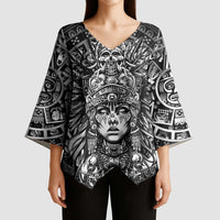Mexico Aztec Warrior Goddess Kimono Sleeve Blouse Aztec Skull Tribal Calender Silver Spirit - Wonder Print Shop