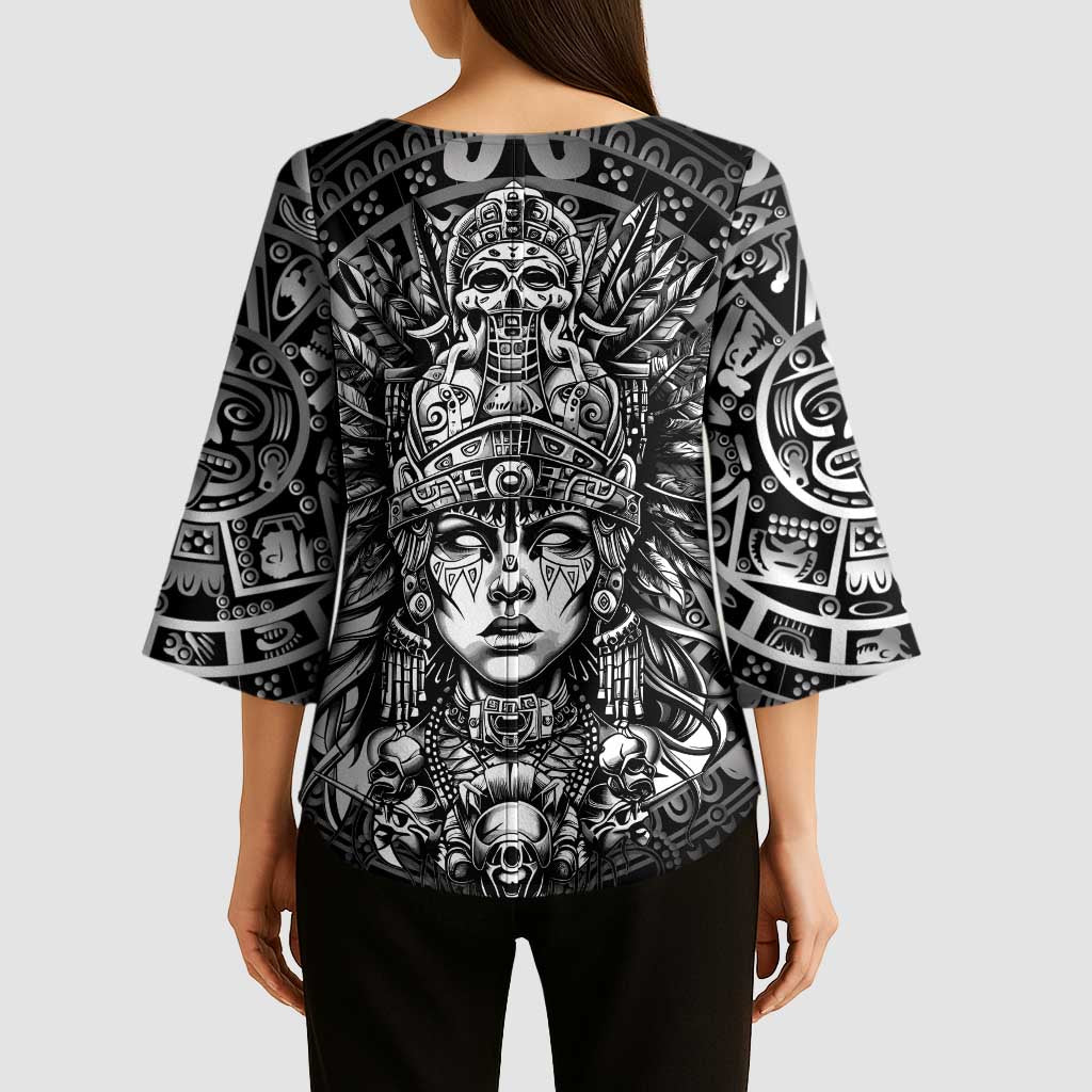 Mexico Aztec Warrior Goddess Kimono Sleeve Blouse Aztec Skull Tribal Calender Silver Spirit - Wonder Print Shop