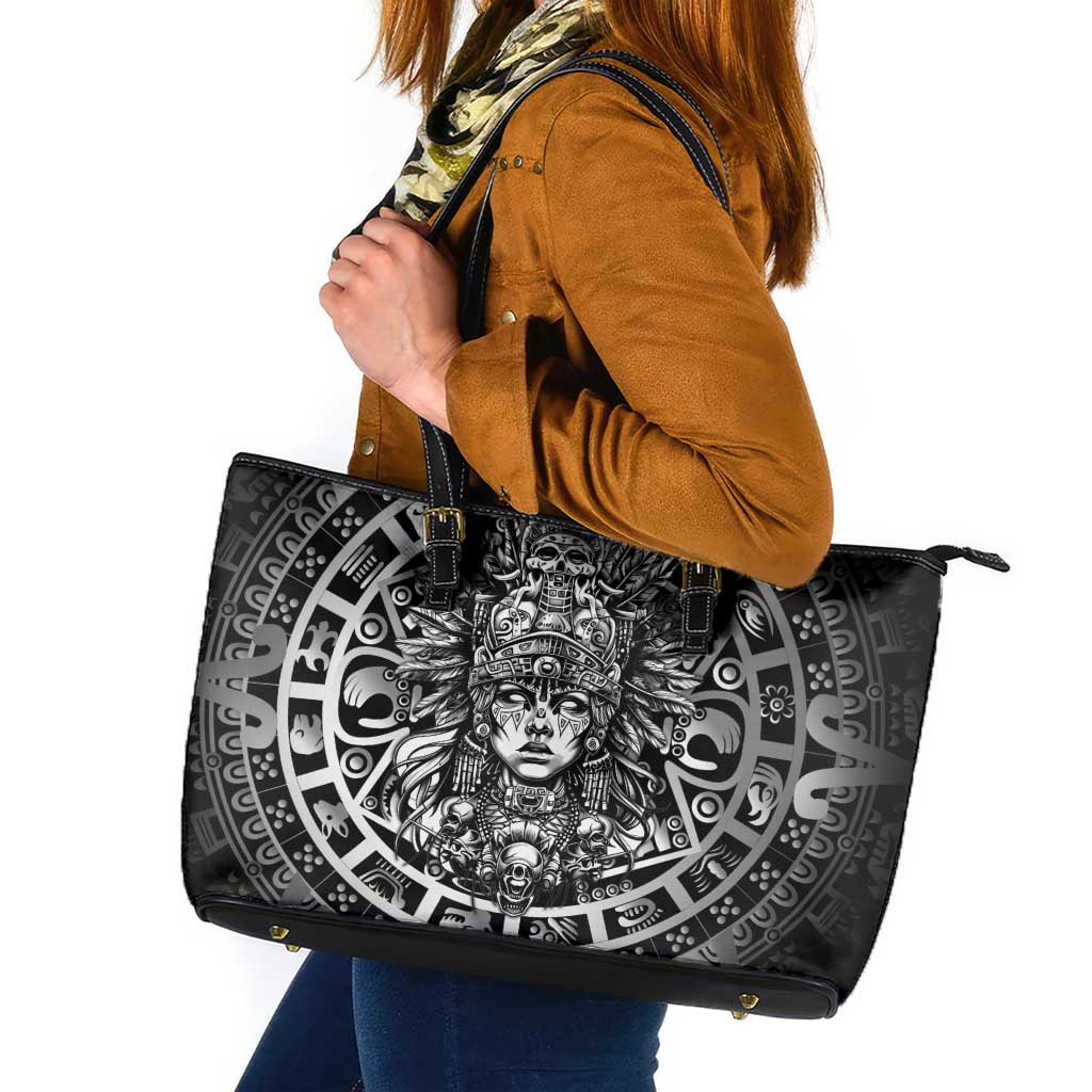 Mexico Aztec Warrior Goddess Leather Tote Bag Aztec Skull Tribal Calender Silver Spirit - Wonder Print Shop