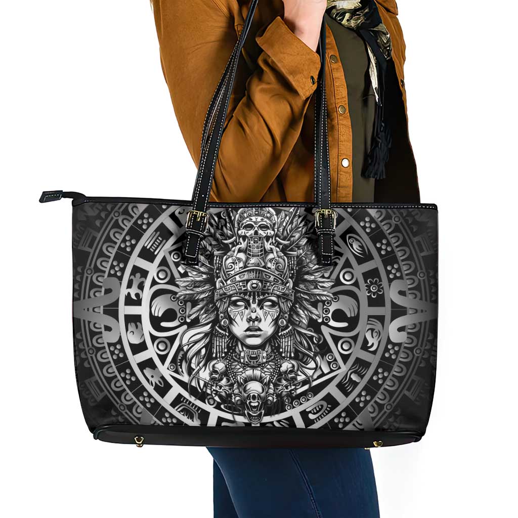 Mexico Aztec Warrior Goddess Leather Tote Bag Aztec Skull Tribal Calender Silver Spirit - Wonder Print Shop