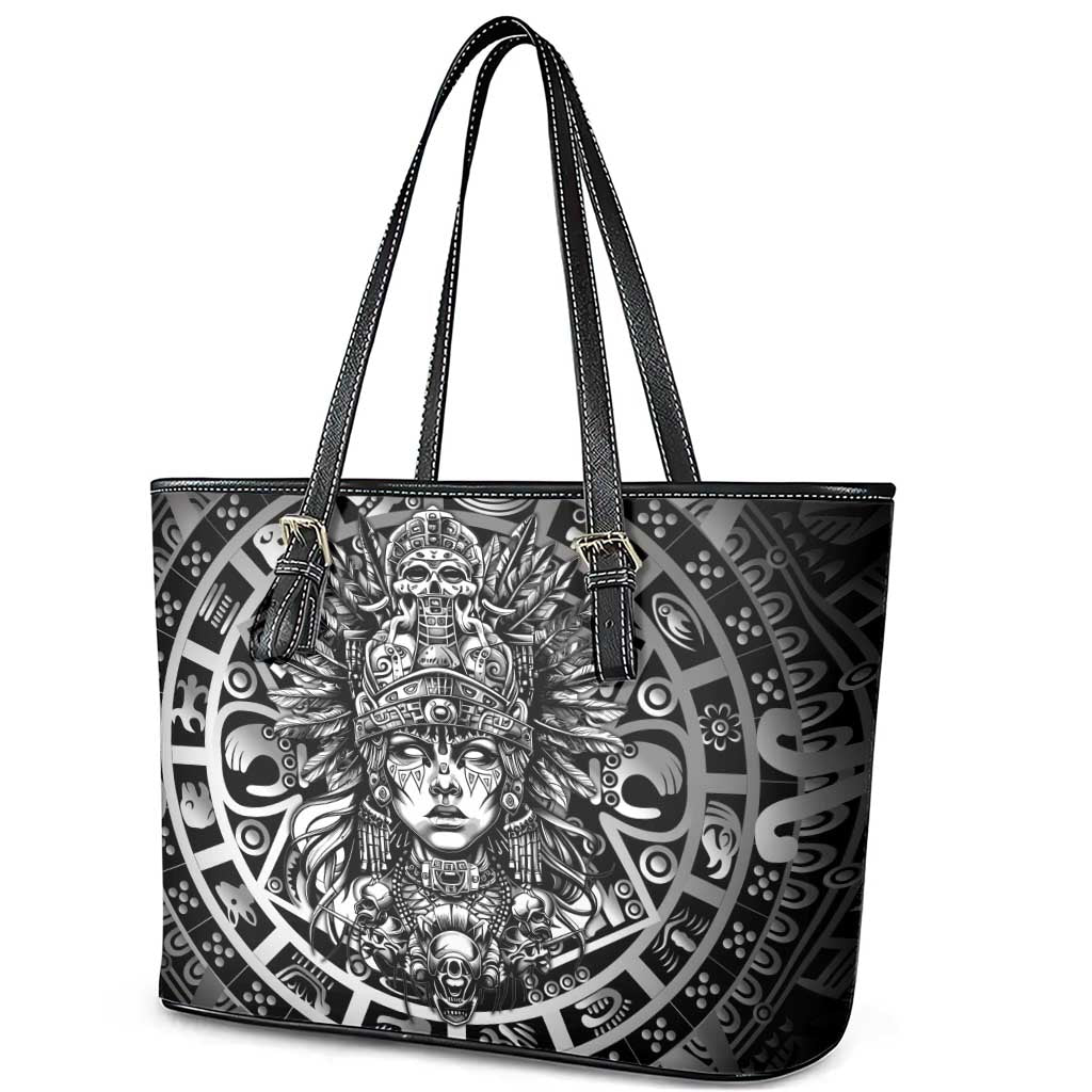 Mexico Aztec Warrior Goddess Leather Tote Bag Aztec Skull Tribal Calender Silver Spirit - Wonder Print Shop