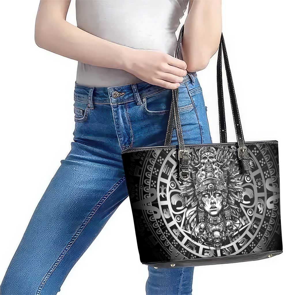 Mexico Aztec Warrior Goddess Leather Tote Bag Aztec Skull Tribal Calender Silver Spirit - Wonder Print Shop