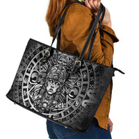 Mexico Aztec Warrior Goddess Leather Tote Bag Aztec Skull Tribal Calender Silver Spirit - Wonder Print Shop