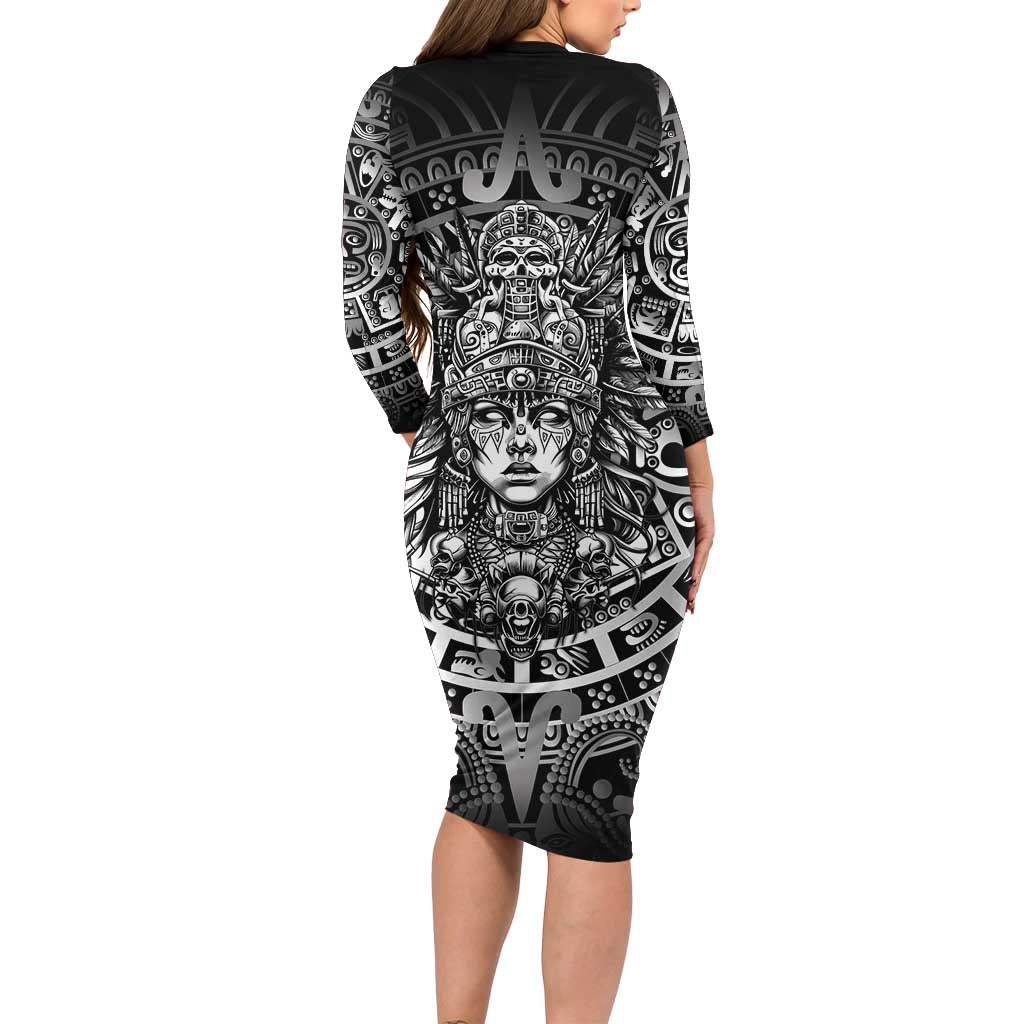 Mexico Aztec Warrior Goddess Long Sleeve Bodycon Dress Aztec Skull Tribal Calender Silver Spirit - Wonder Print Shop