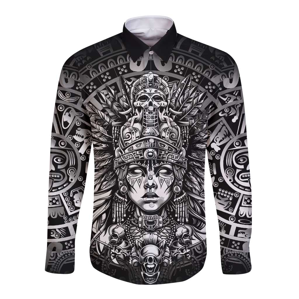 Mexico Aztec Warrior Goddess Long Sleeve Button Shirt Aztec Skull Tribal Calender Silver Spirit - Wonder Print Shop
