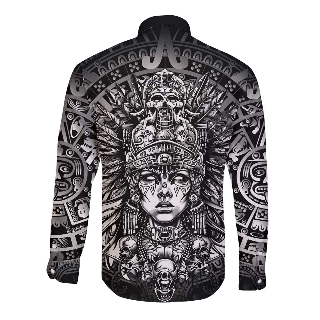 Mexico Aztec Warrior Goddess Long Sleeve Button Shirt Aztec Skull Tribal Calender Silver Spirit - Wonder Print Shop