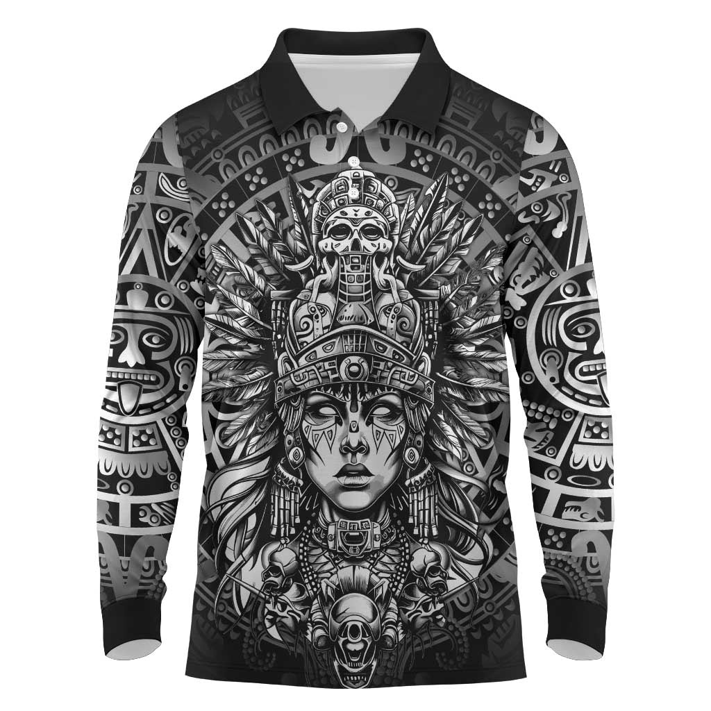 Mexico Aztec Warrior Goddess Long Sleeve Polo Shirt Aztec Skull Tribal Calender Silver Spirit - Wonder Print Shop