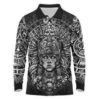 Mexico Aztec Warrior Goddess Long Sleeve Polo Shirt Aztec Skull Tribal Calender Silver Spirit - Wonder Print Shop
