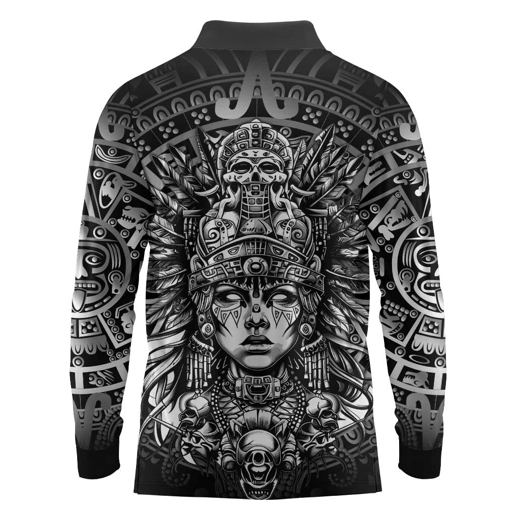 Mexico Aztec Warrior Goddess Long Sleeve Polo Shirt Aztec Skull Tribal Calender Silver Spirit - Wonder Print Shop